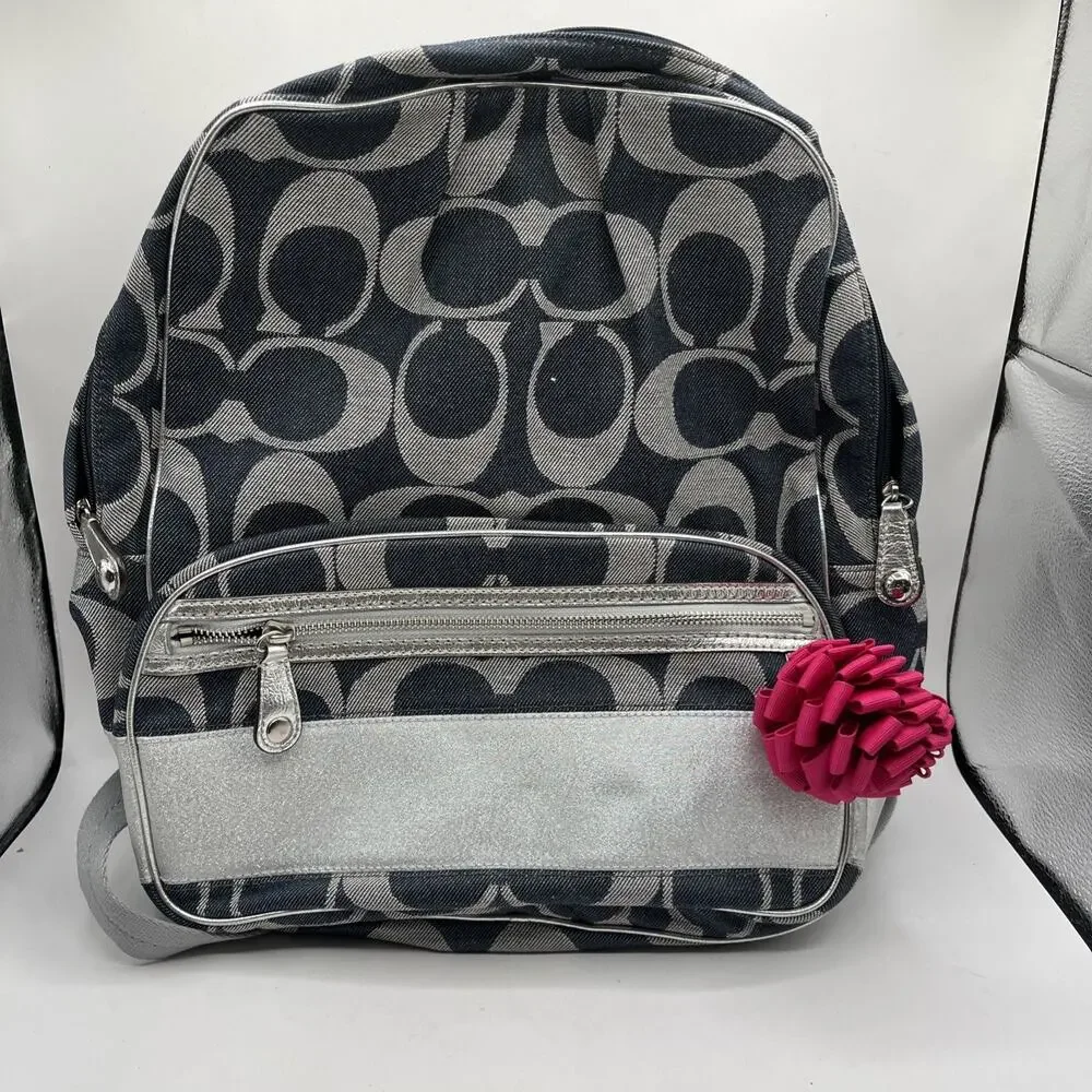 COACH Poppy Y2K Blue Denim Canvas Silver Leather Large Travel Book Backpack ASIS
